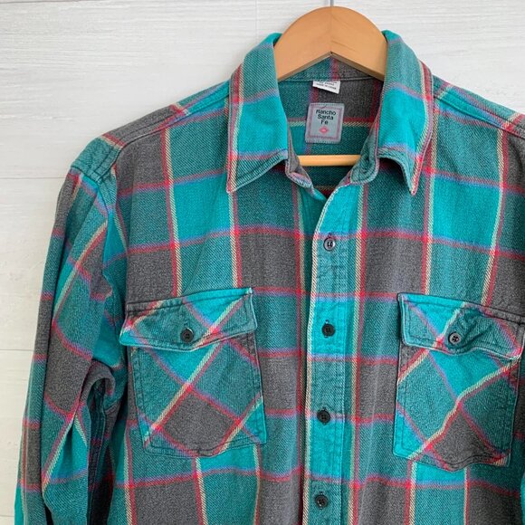 *flaw Vintage Rancho Santa Fe - Green plaid flannel button down, sz L - Picture 2 of 6